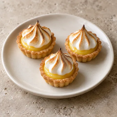 tiny golden tartlets with yellow lemon curd and elegantly toasted white meringue peaks
