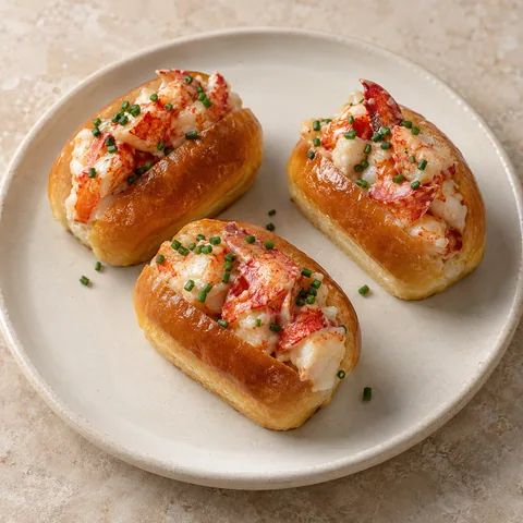 miniature split-top golden brioche rolls filled with visible butter-poached lobster pieces and finely cut chives