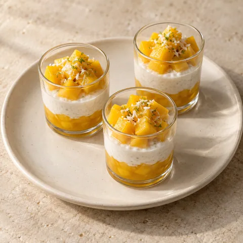 tiny clear tasting glasses layered with white coconut cream and golden mango puree, small fresh mango cubes
