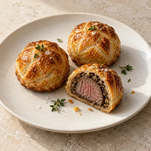 miniature golden puff pastry beef Wellingtons, one neatly cut to reveal cooked beef and thin mushroom duxelles, no pork