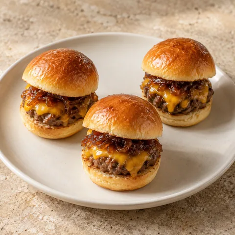 tiny golden brioche sliders containing cooked beef patties, melted cheddar and caramelised onion jam, physically plausible small portions