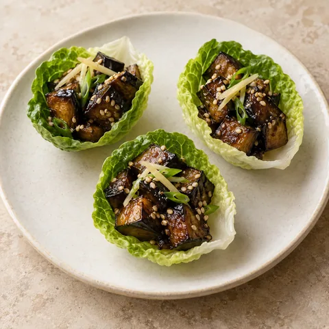small crisp baby gem lettuce cups filled with caramelised dark roasted aubergine cubes, sesame seeds and ginger