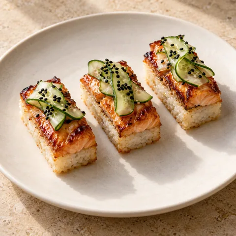 compact rectangular pressed rice bites topped with caramelised roasted salmon, thin cucumber and black sesame seeds