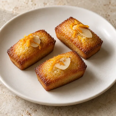 miniature rectangular golden almond financiers with browned edges, subtle orange zest and a thin almond flake