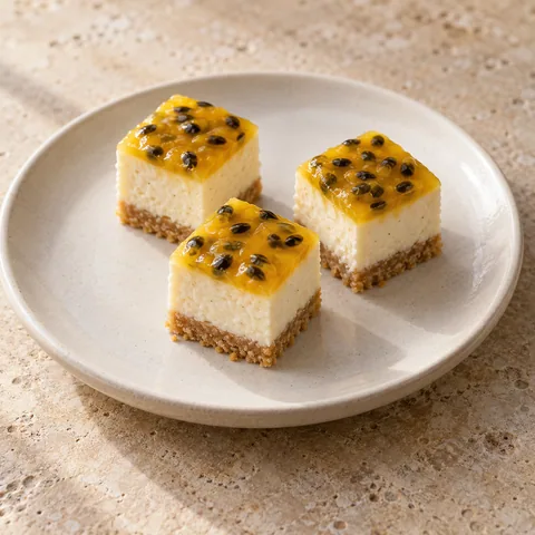 tiny cheesecake cubes with a thin golden biscuit base and yellow passion fruit topping with natural black seeds