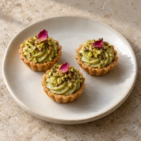 petite tartlets filled with pale green pistachio cream, chopped pistachios and one tiny dried rose petal each