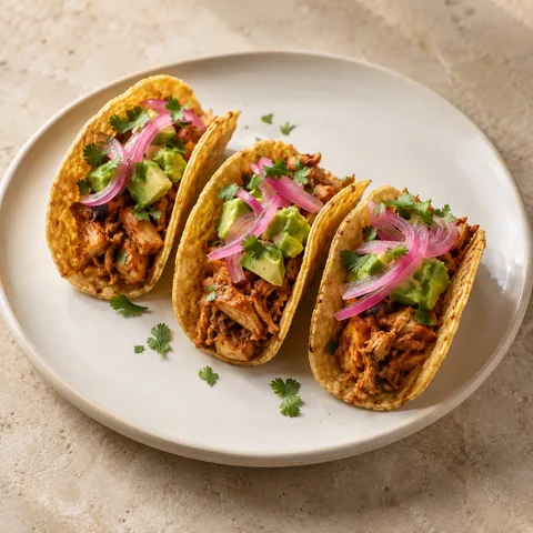 miniature crisp corn taco shells filled with shredded spiced jackfruit, avocado and pink pickled onion