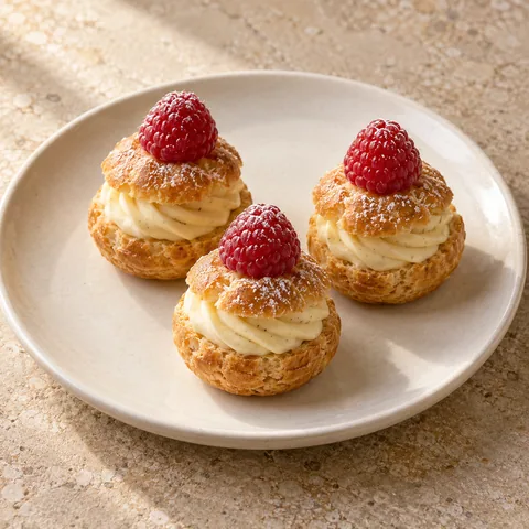 miniature golden choux buns filled with vanilla cream, each crowned with one fresh red raspberry