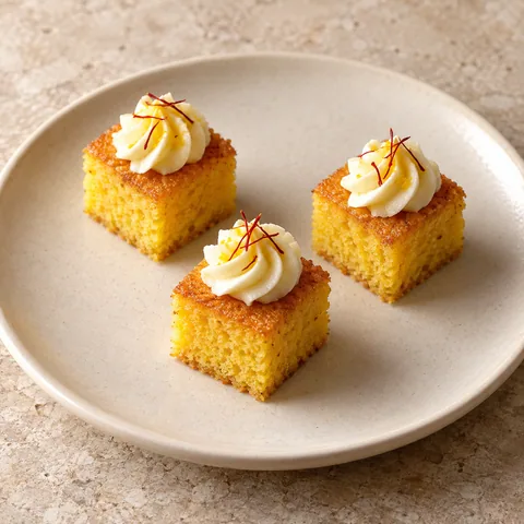 petite saffron golden sponge cake cubes on tiny individual white dishes, each with one small cream rosette