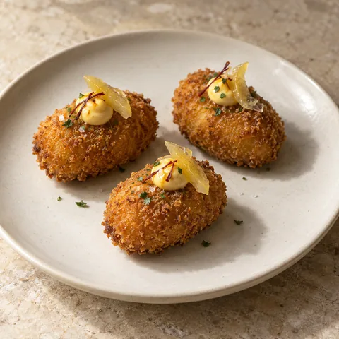 small golden oval cod croquettes with crisp breadcrumb texture, tiny saffron aioli dots and preserved lemon
