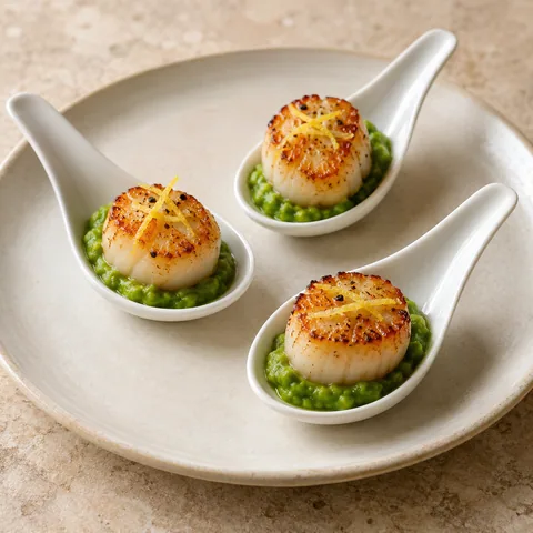 white porcelain tasting spoons each holding a golden seared scallop on bright green pea puree, small lemon zest
