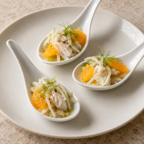 white porcelain tasting spoons with small cooked white sea bass flakes, shaved fennel and orange segments