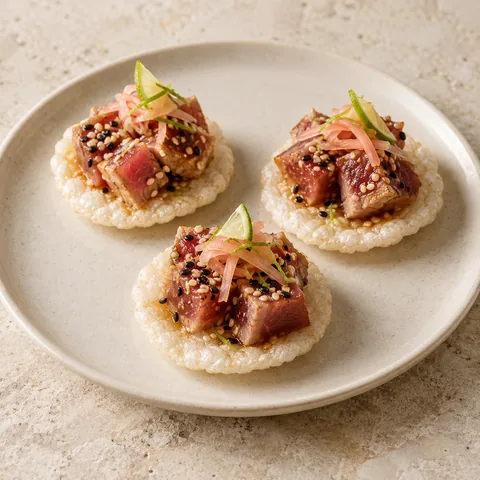 Sesame-seared tuna bites on rice crisps with ginger and lime