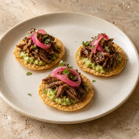 miniature crisp corn tostadas with shredded cooked short rib, avocado puree and one curl of pink pickled onion