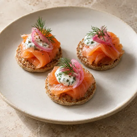 small buckwheat blinis, each topped with a loose smoked salmon ribbon, a little dill cream and pickled shallot