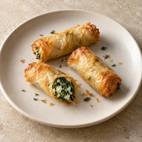 slim miniature golden filo pastry cigars, one half cut to show green spinach and white feta filling
