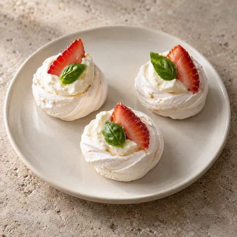 miniature white pavlova nests with cream, one strawberry segment and a tiny fresh basil leaf each