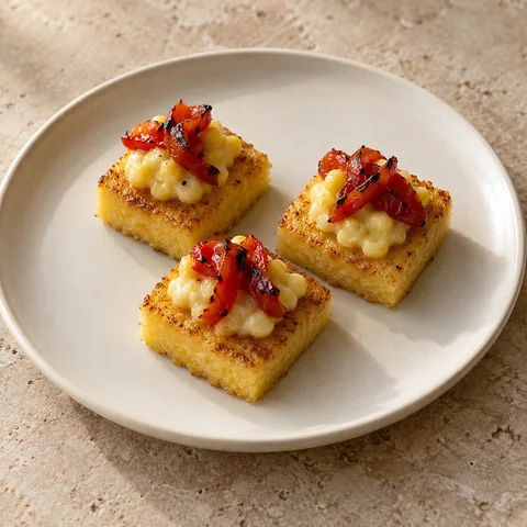 small golden polenta squares topped with a little sweetcorn cream and tiny charred red pepper strips