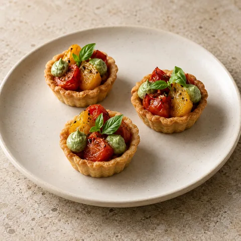 tiny golden vegan tart shells filled with roasted red and yellow tomato pieces and small green basil cream dots