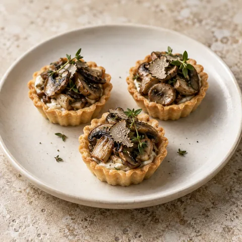 petite fluted tartlets filled with sliced browned mushrooms, a small cream base and thyme, understated truffle garnish