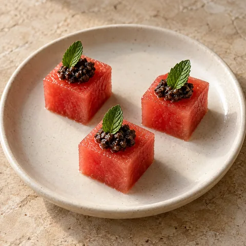 clean ruby watermelon cubes topped with tiny black olive tapenade dots and single small mint leaves