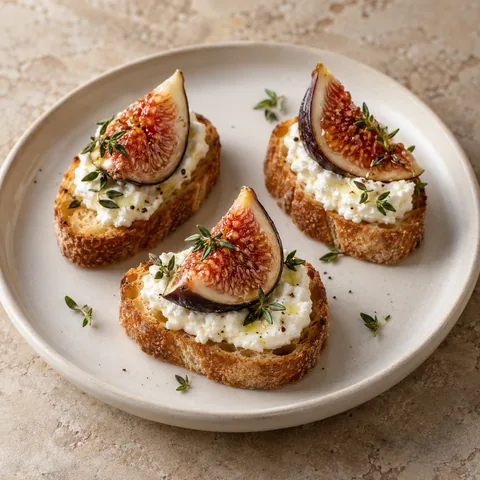 small toasted crostini with whipped white feta, a fresh fig wedge and thyme leaves