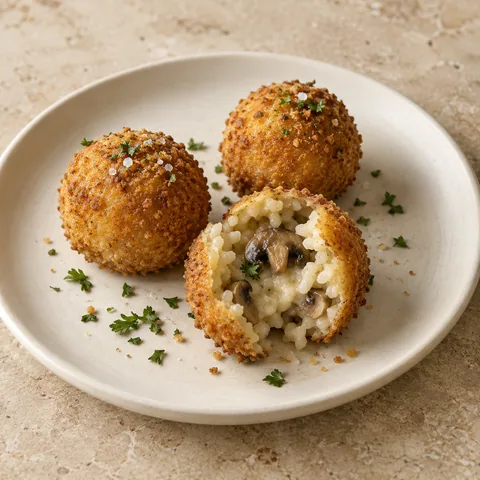 small golden risotto arancini with realistic bread crumbs, one open revealing creamy rice and brown mushroom pieces