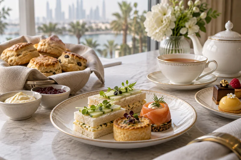 Afternoon tea with finger sandwiches, scones and individual pastries