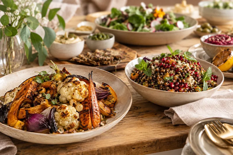 Roasted vegetables, grains and salads arranged in serving bowls