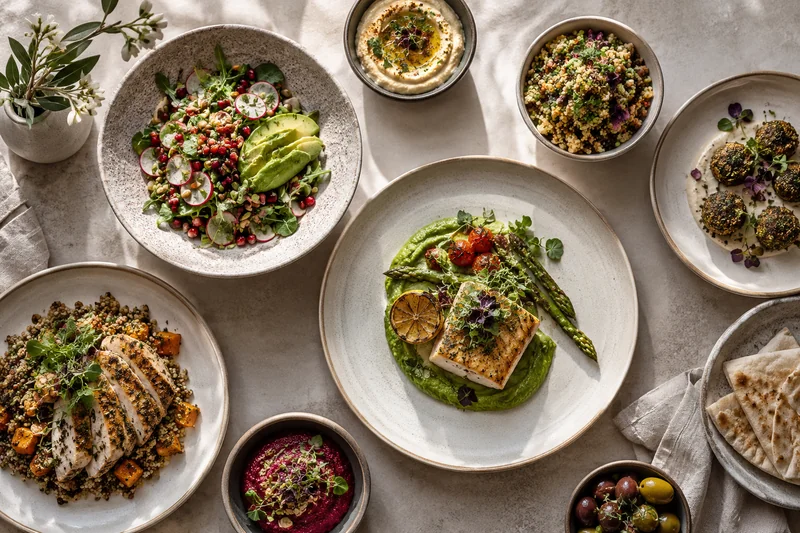 Grilled fish and chicken with separate bowls of vegetables, grains and dips