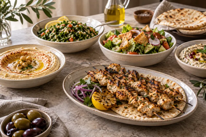 Grilled meat, hummus, salads and flatbread arranged for sharing