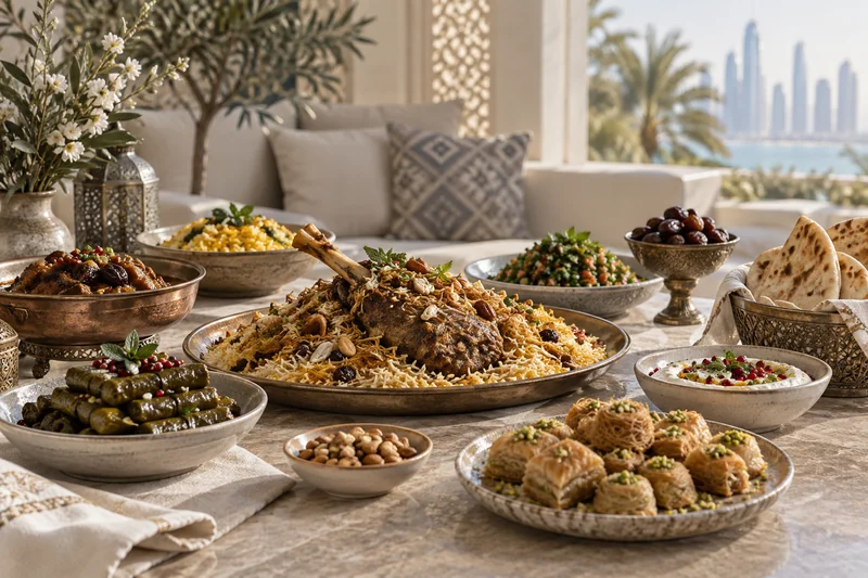 Arabic sharing dishes with rice, grilled meat, stuffed vine leaves and pastries