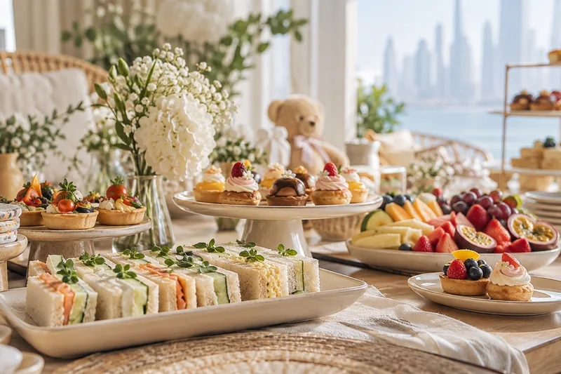 A baby shower table with small sandwiches, pastries and a teddy bear decoration