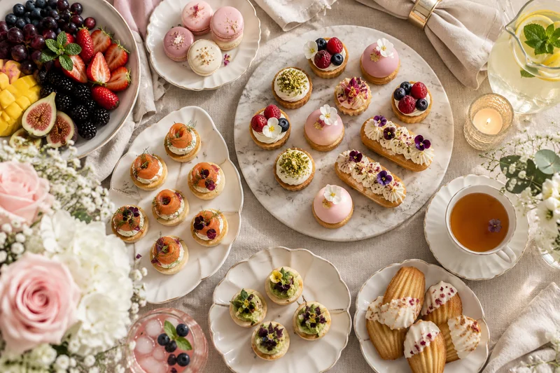 Pastel miniature cakes, savoury bites and fresh fruit arranged for a celebration