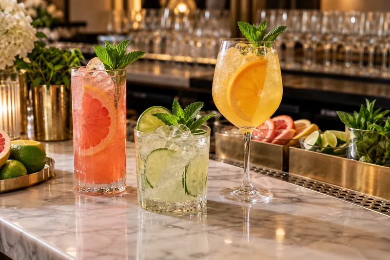 Colourful fruit mocktails garnished with citrus and mint