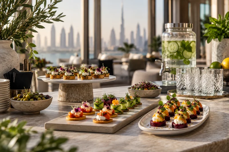 Canapés beside a cucumber water dispenser and cut glass tumblers