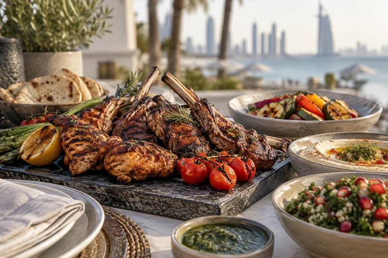 Grilled lamb and chicken with colourful vegetables and fresh salads