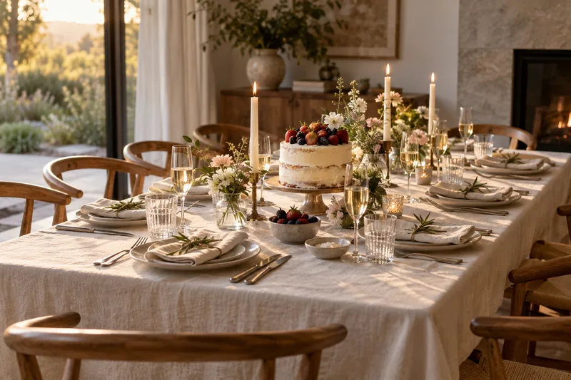A birthday dining table with a small berry-topped cake