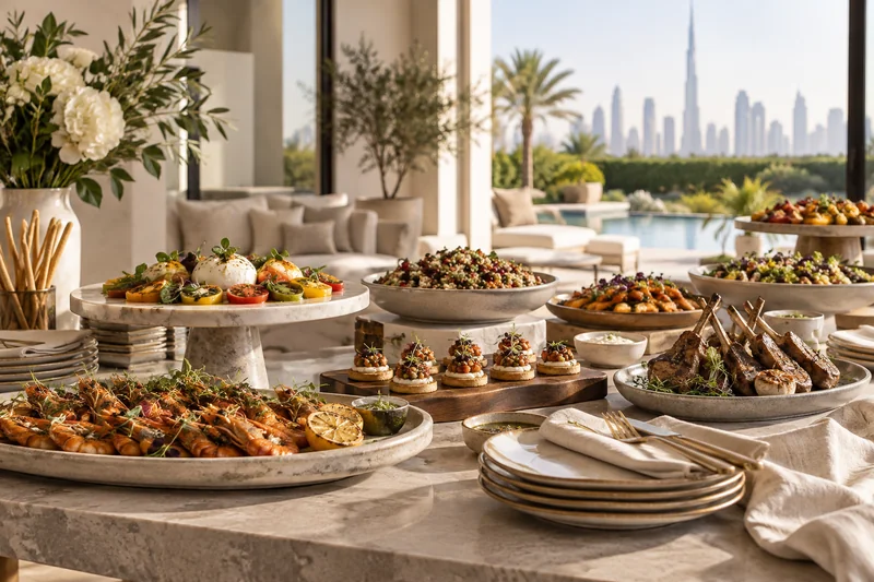 A catered buffet arranged on stone stands with plates ready for service
