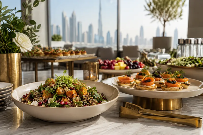 Small plated bites and salad arranged on a reception counter