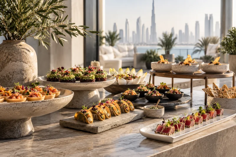 Small canapés and savoury bites displayed on tiered stone platters