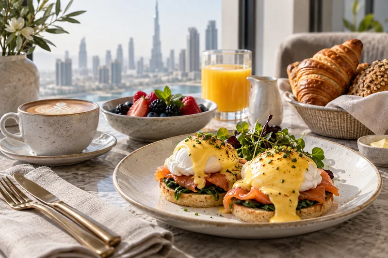 Poached eggs with salmon, pastries, fresh fruit and coffee