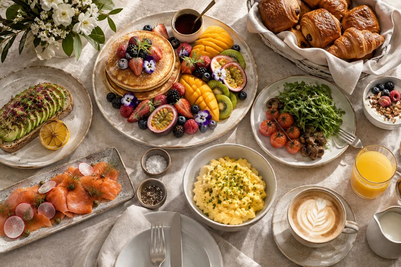 A brunch spread with pancakes, eggs, avocado, pastries and fresh fruit