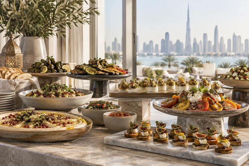 A buffet with raised platters of fresh salads and savoury dishes