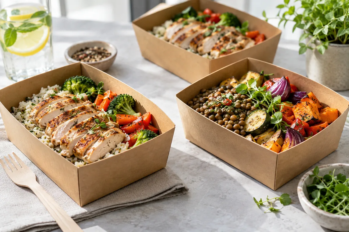 Individual lunch boxes with grains, vegetables and prepared mains
