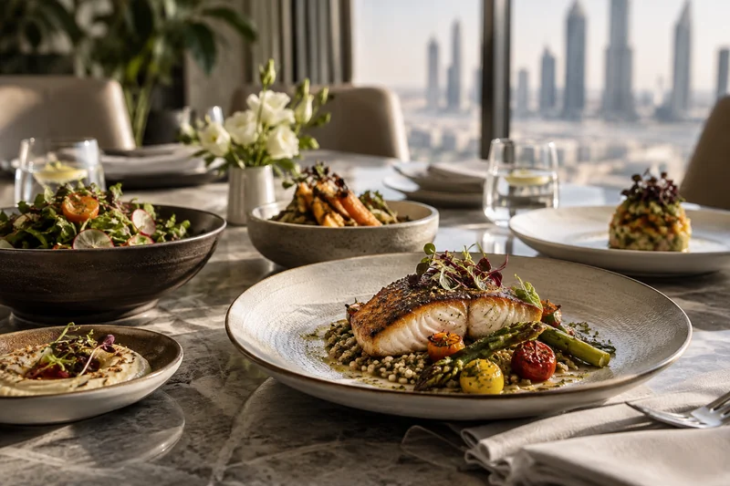 A plated fish main course with vegetables in a bright dining room