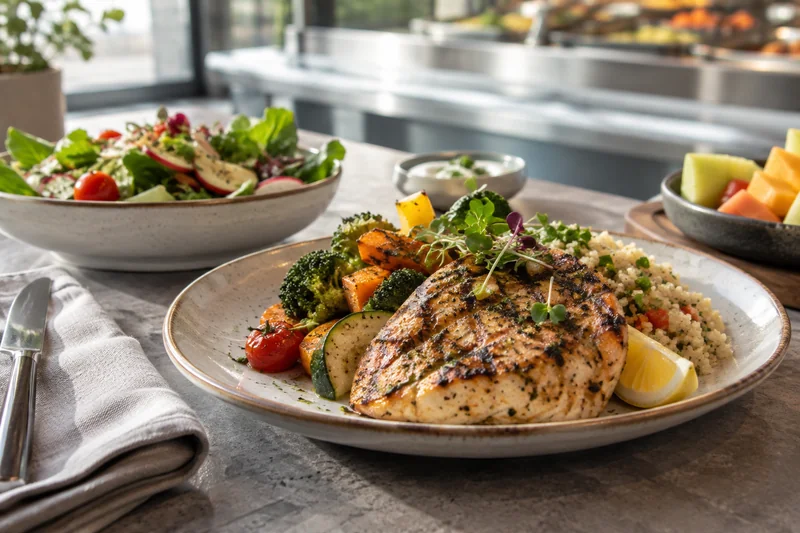 Grilled chicken with vegetables and salad beside a catering service counter