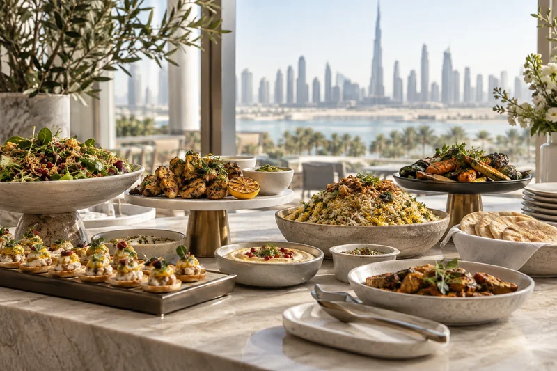 A buffet of rice, grilled food and salads on raised serving dishes