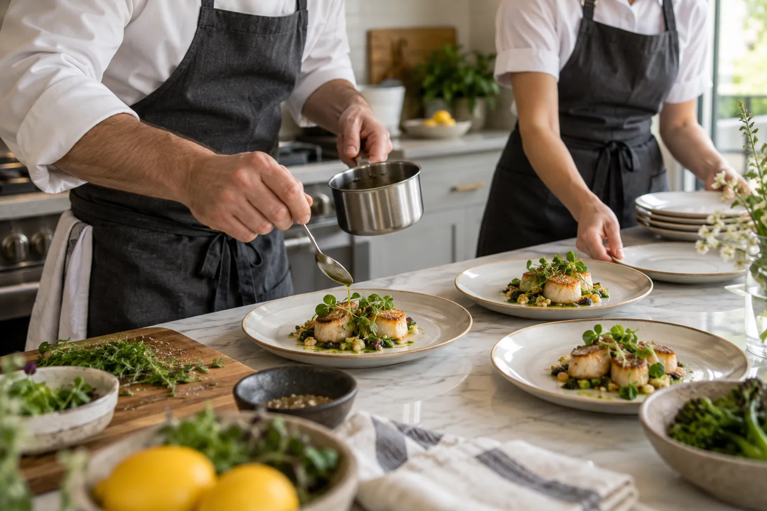 A chef and service colleague preparing dishes in a kitchen