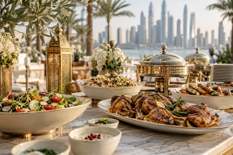 A staffed-buffet setting with serving dishes and covered warmers
